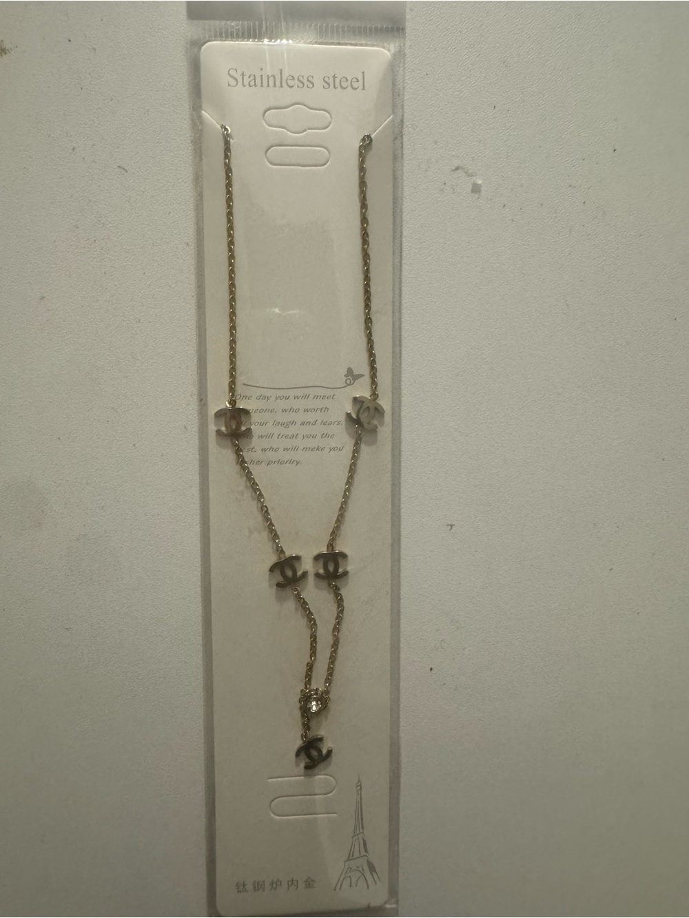 Stainless Steel Women’s Gold-Tone Chain Necklace with Logo Charms chanel